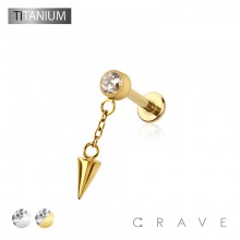 SPIKE CONE DANGLE BEZEL CZ TOP THREADLESS (PUSH IN) IMPLANT GRADE TITANIUM LABRET SET